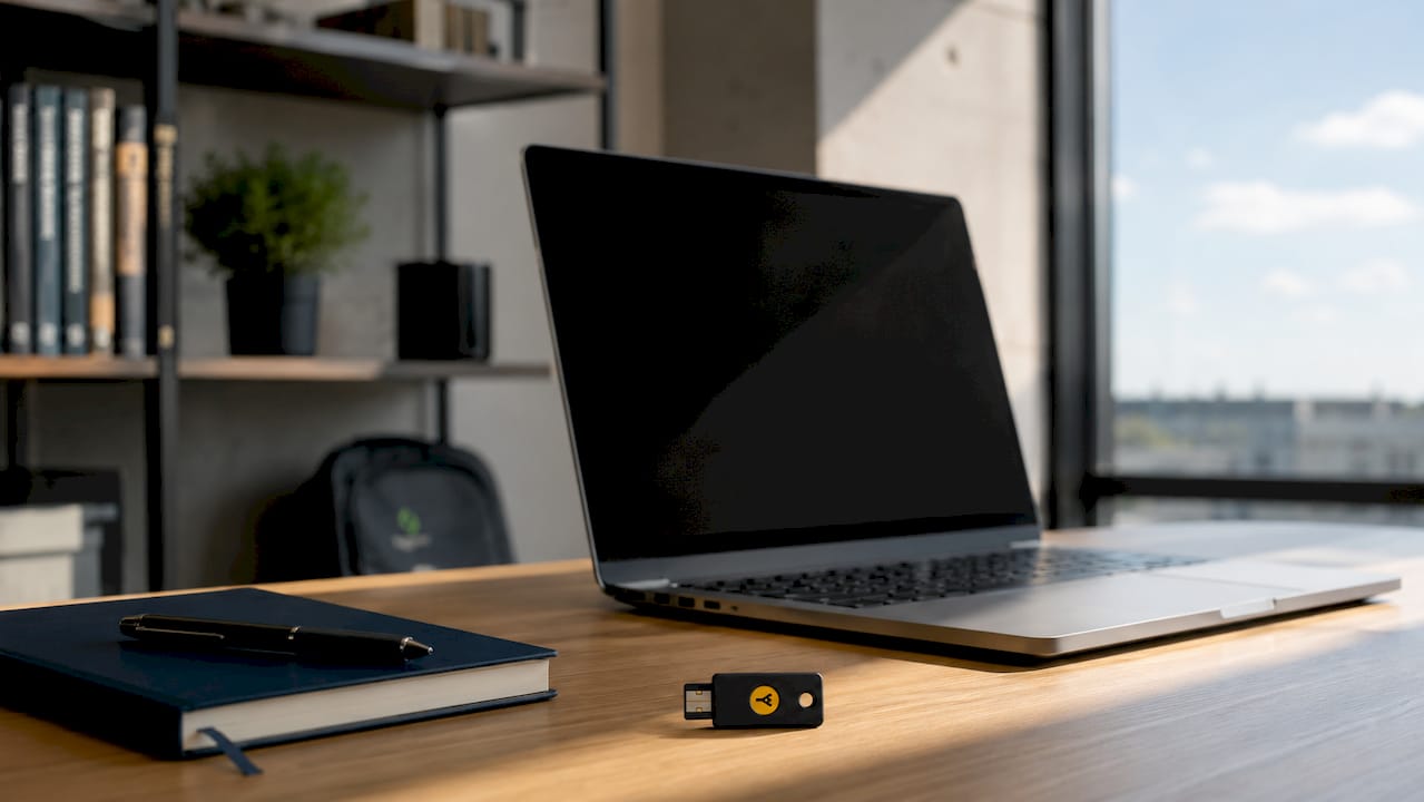 Detalhe de uma YubiKey e de um portátil em cima da secretária do escritório