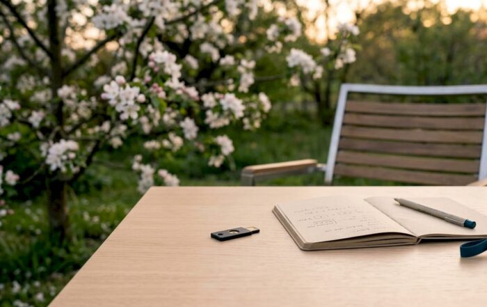 Uma YubiKey USB-C pousada em cima de uma secretária de escritório.