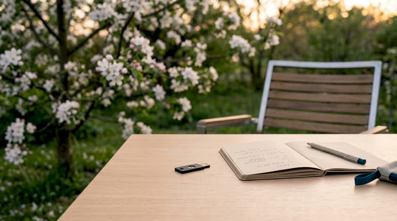 Uma YubiKey USB-C pousada em cima de uma secretária de escritório.