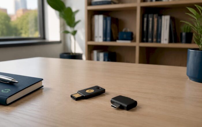 YubiKey e outros dispositivos de segurança sobre a secretária numa sala de servidores